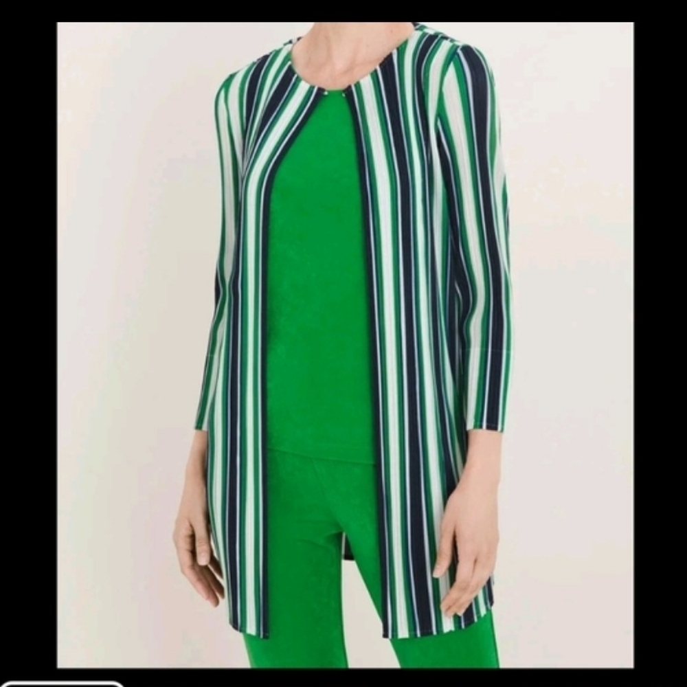Chico's Travelers Women's Green Blue White Stripe Open Front Jacket Size 2 Large